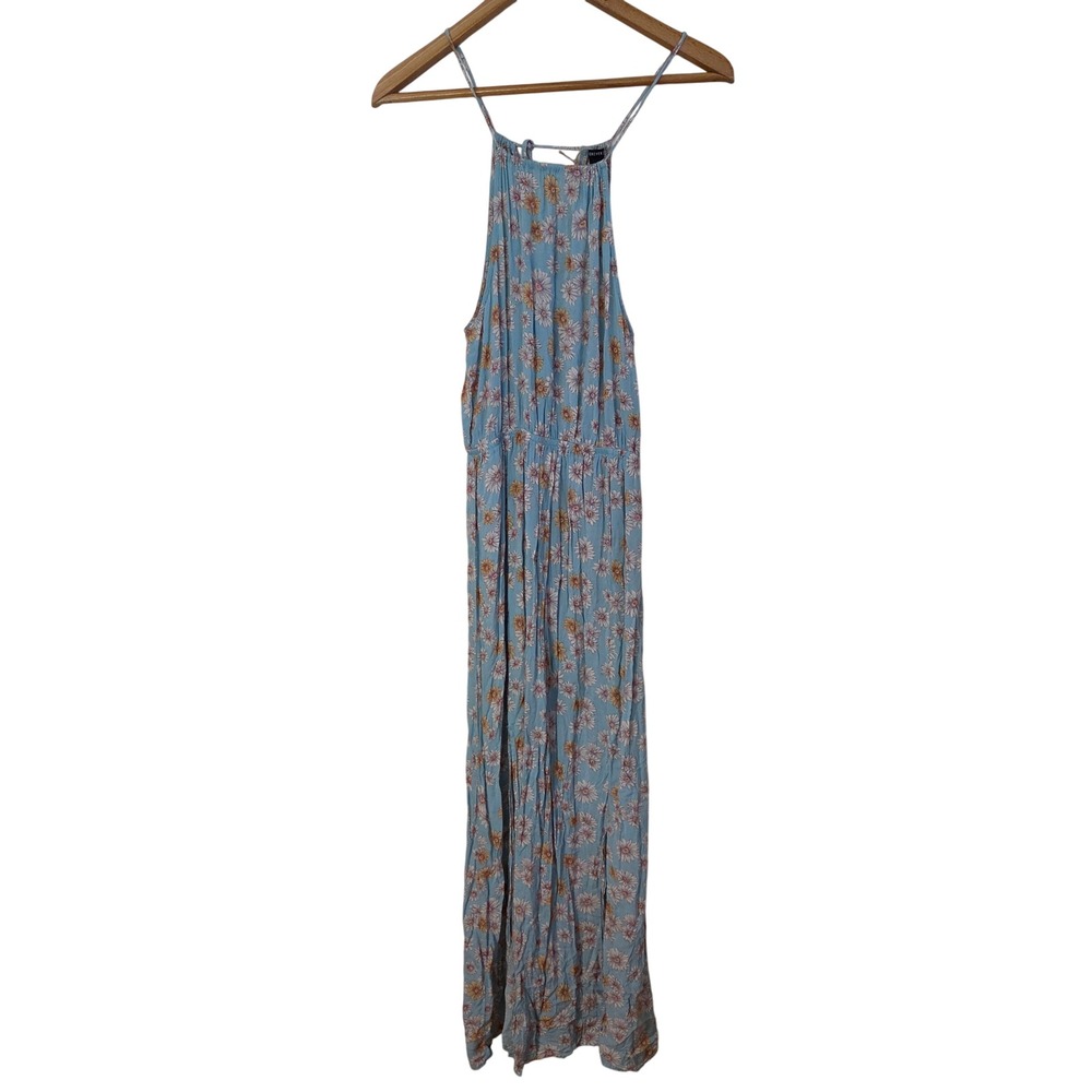 Forever 21 Blue Daisy Floral Halter Maxi Dress Double Slit Small Boho Coastal